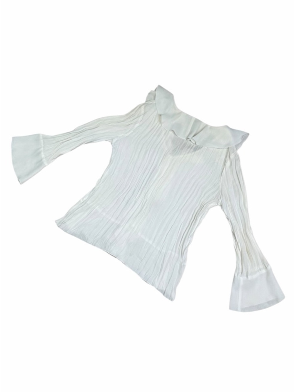 Sunny Taylor Cream Waterfall Ruffle Crinkle Long Sleeve Button Front Blouse - M - Picture 8 of 15